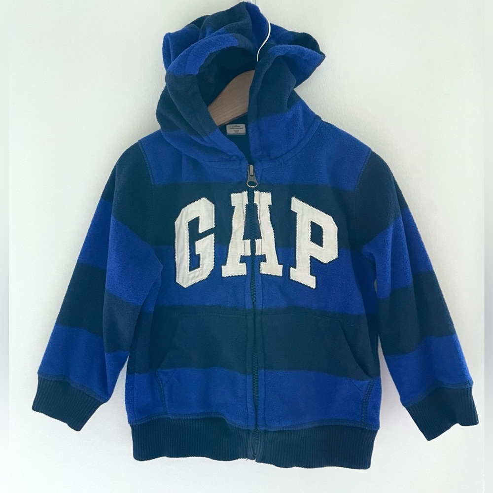 Heavyweight Fleece Jacket with Hood, Full Zip Up, Blue & Black Stripes